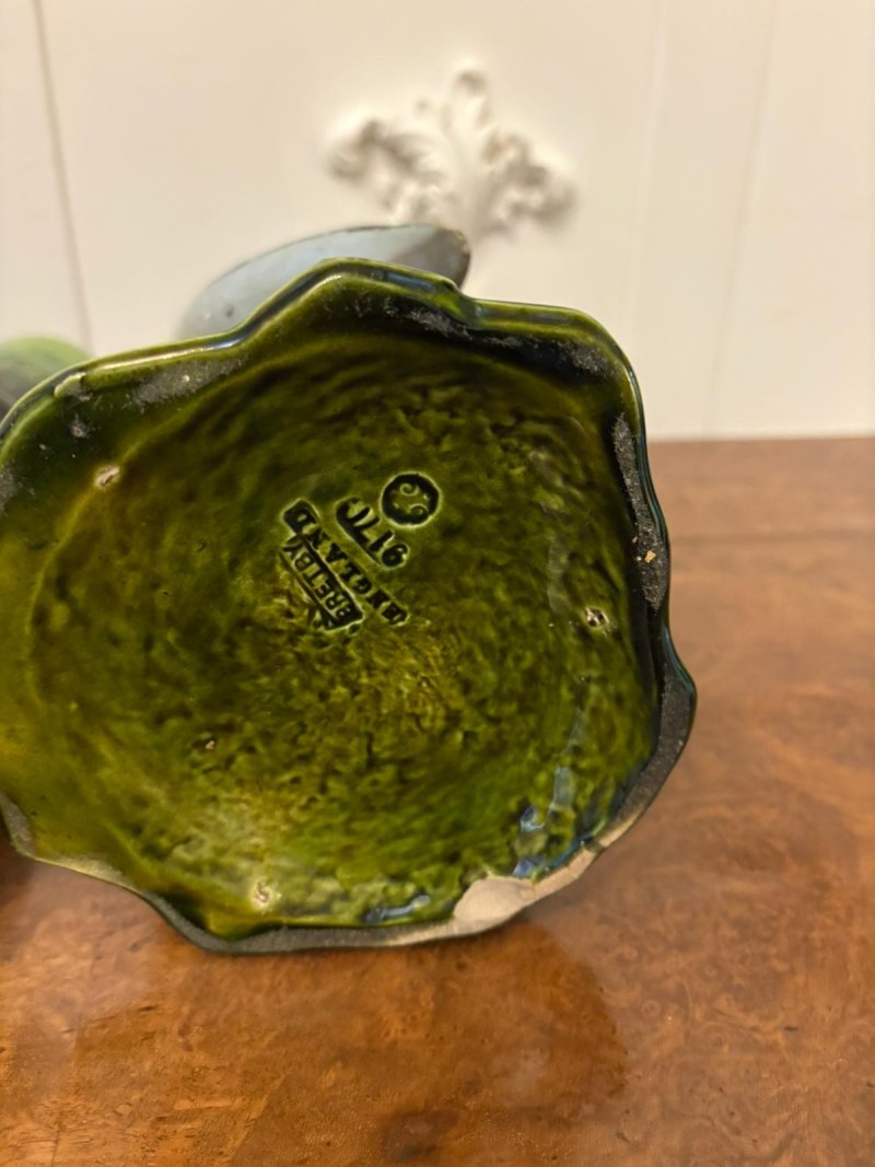 Unusual Pair of Antique Victorian Bretby Art Pottery Bamboo and Stork Vases